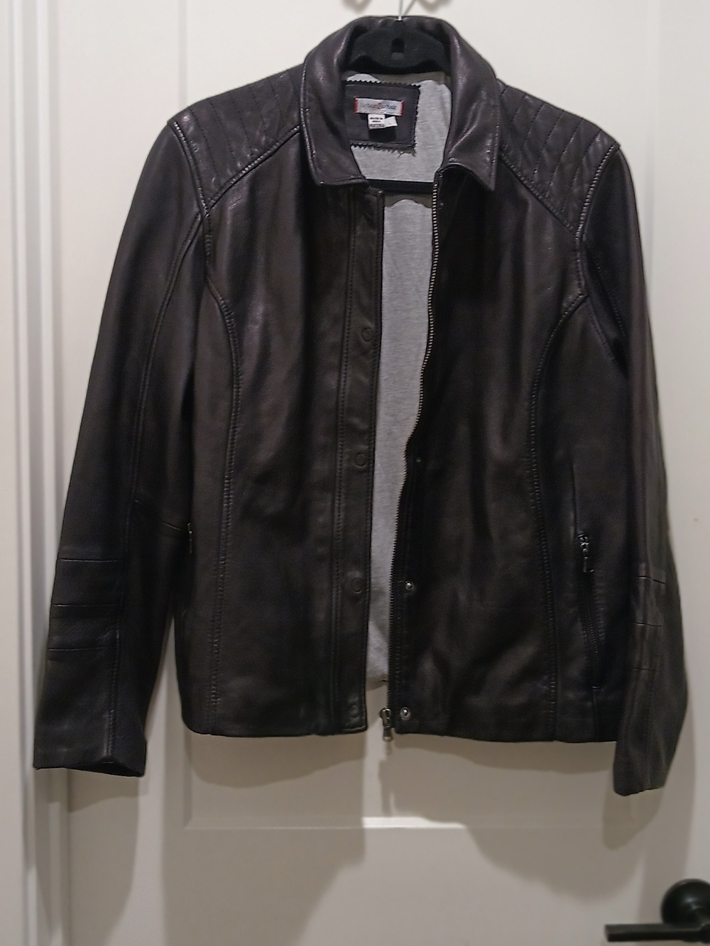 Classic Black Leather Jacket with Quilted Shoulders